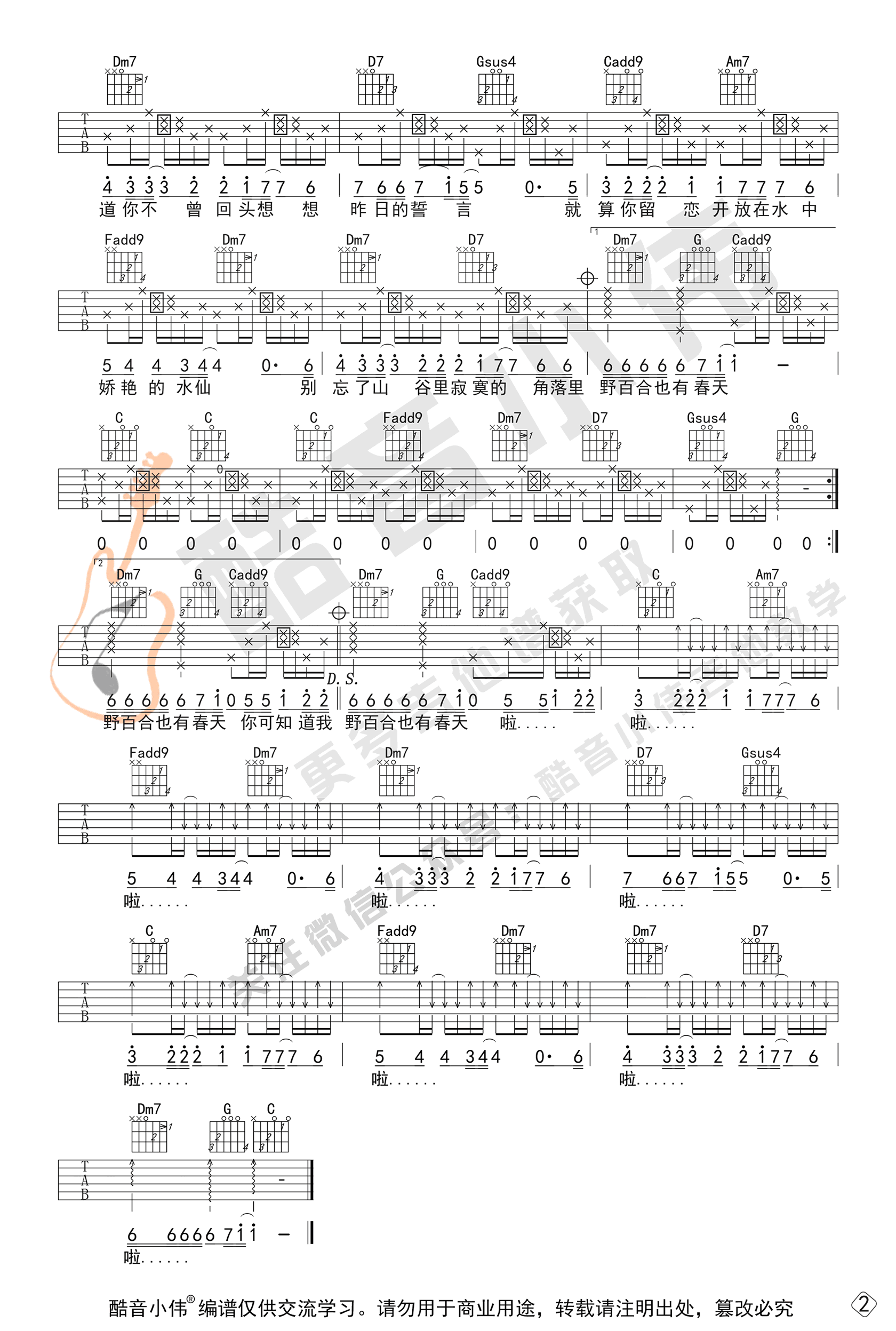 野百合也有春天吉他谱 C调弹唱谱_罗大佑_酷音小伟制谱