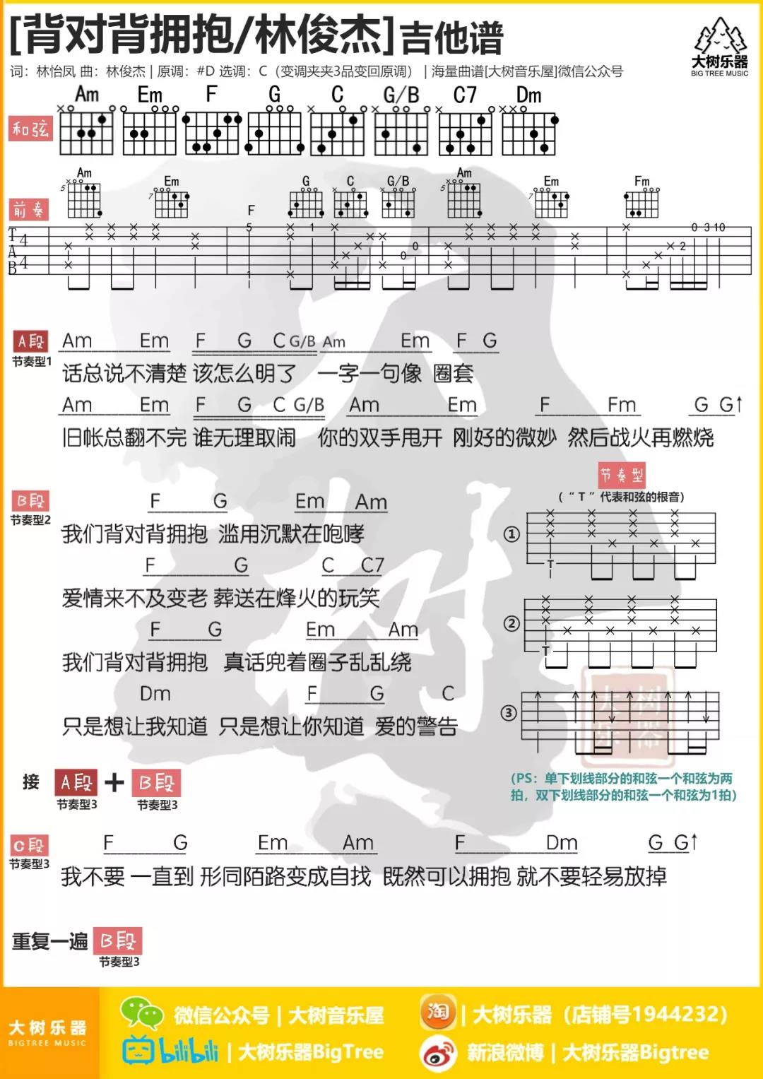 背对背拥抱吉他谱 C调和弦谱_大树音乐屋编配_林俊杰