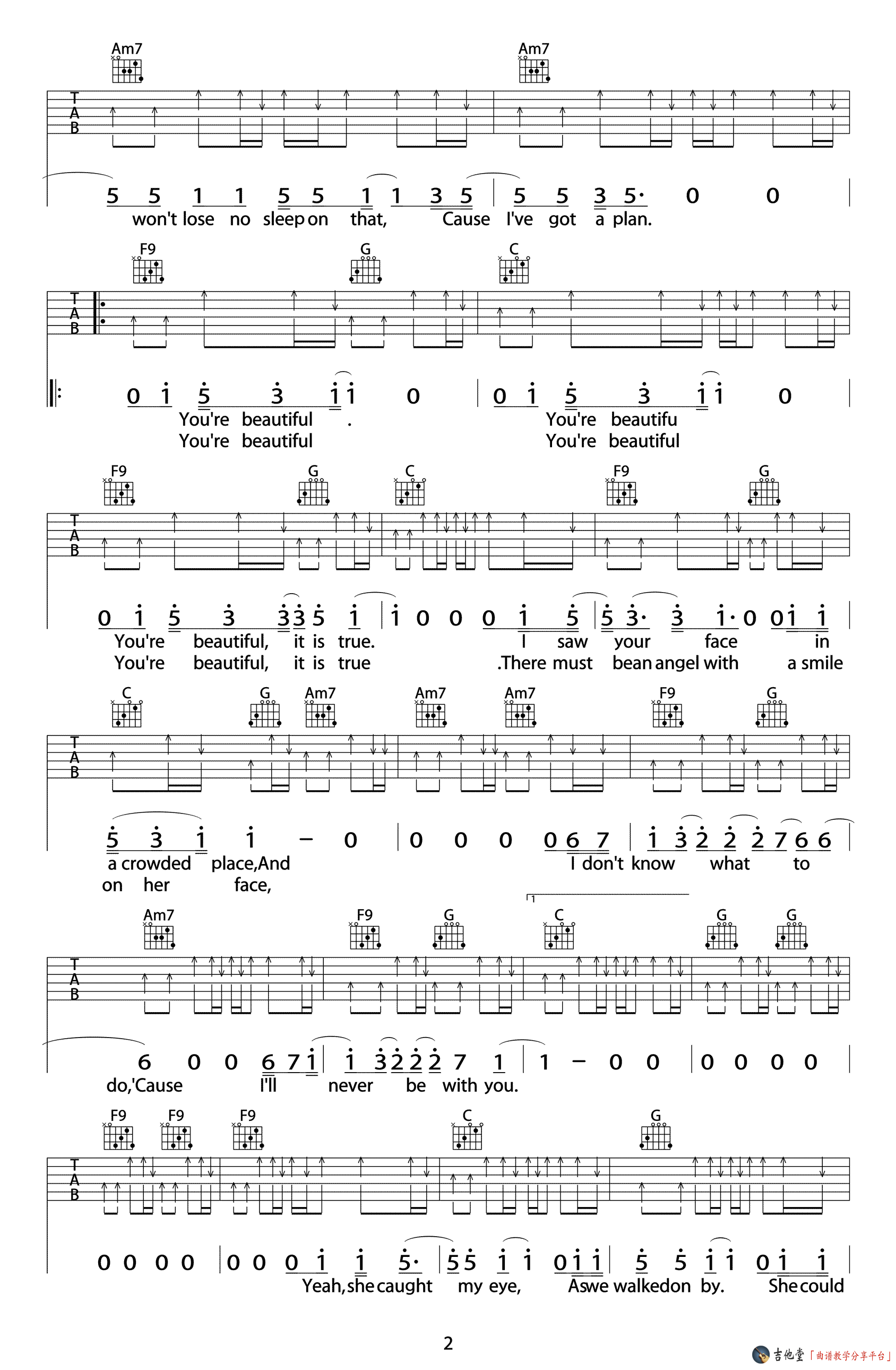 you'beautiful吉他谱 C调高清版_吉他屋编配_James Blunt