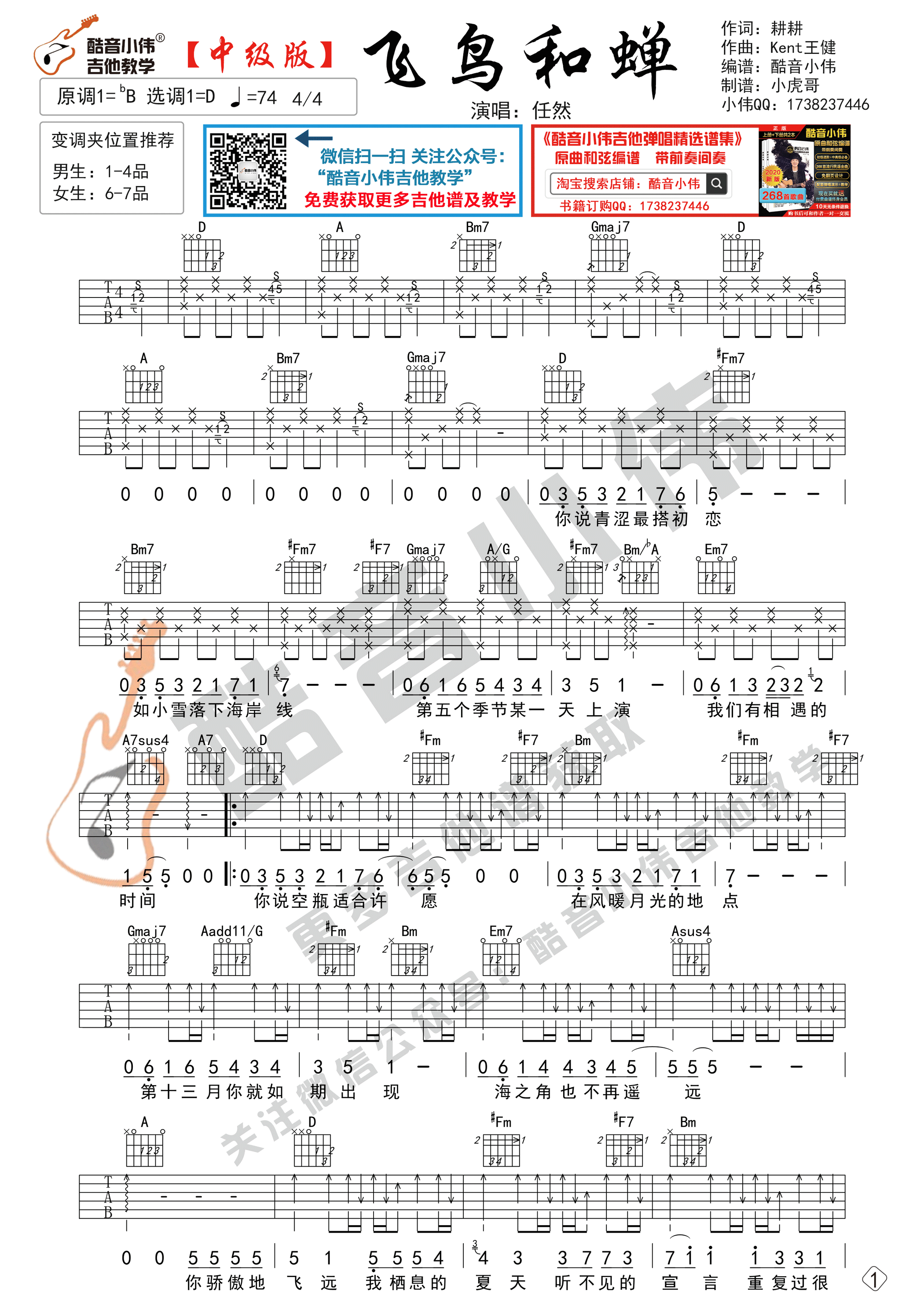 飞鸟和蝉吉他谱 D调精选版_酷音小伟编配_任然