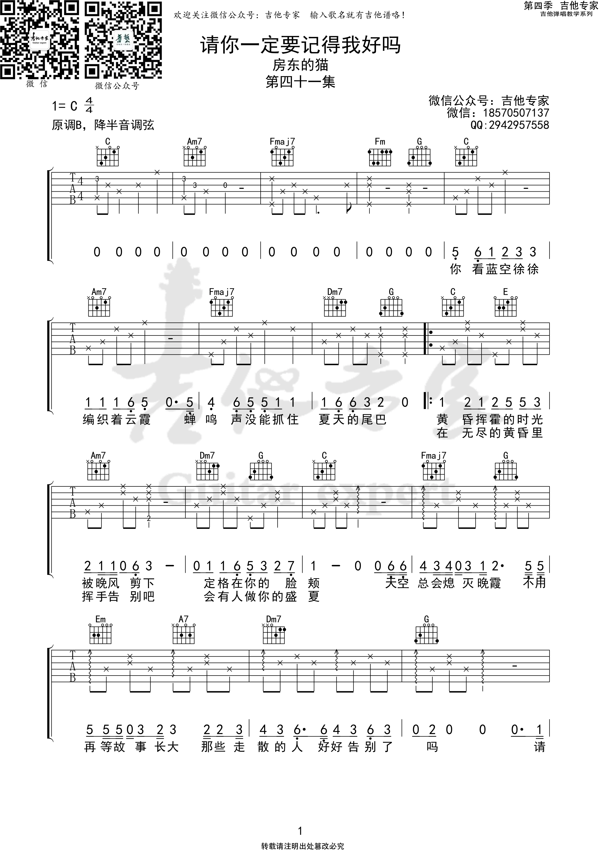 请你一定要记得我好吗吉他谱（免费版）房东的猫