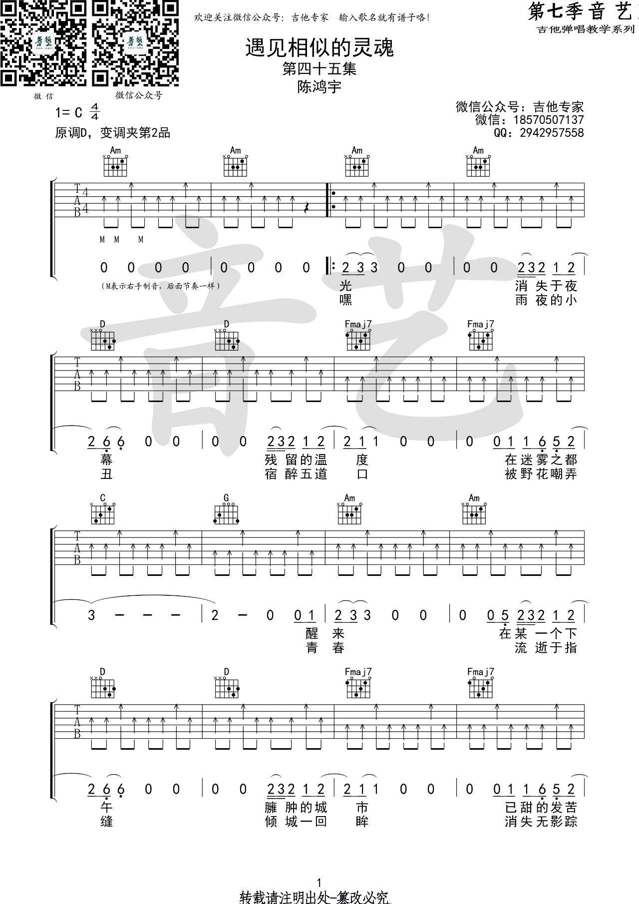 遇见相似的灵魂吉他谱 C调_吉他专家编配_陈鸿宇