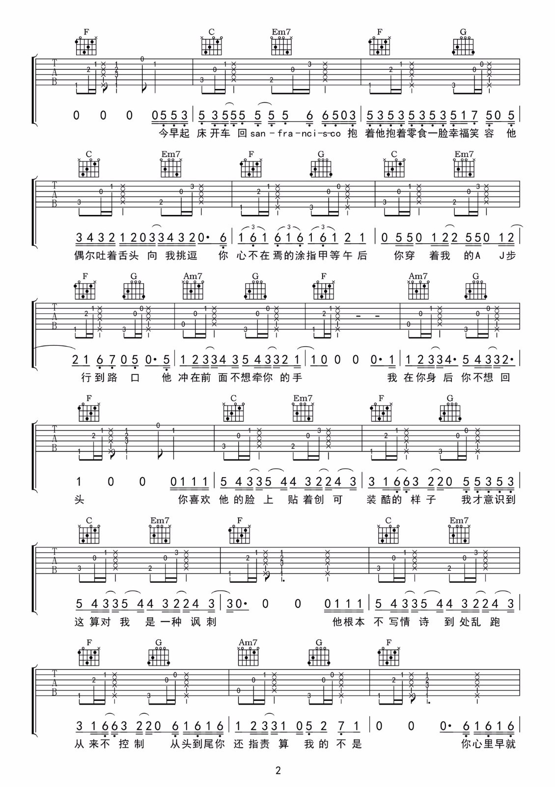 鲨鱼吉他谱 E调六线谱_精选版_沈以诚