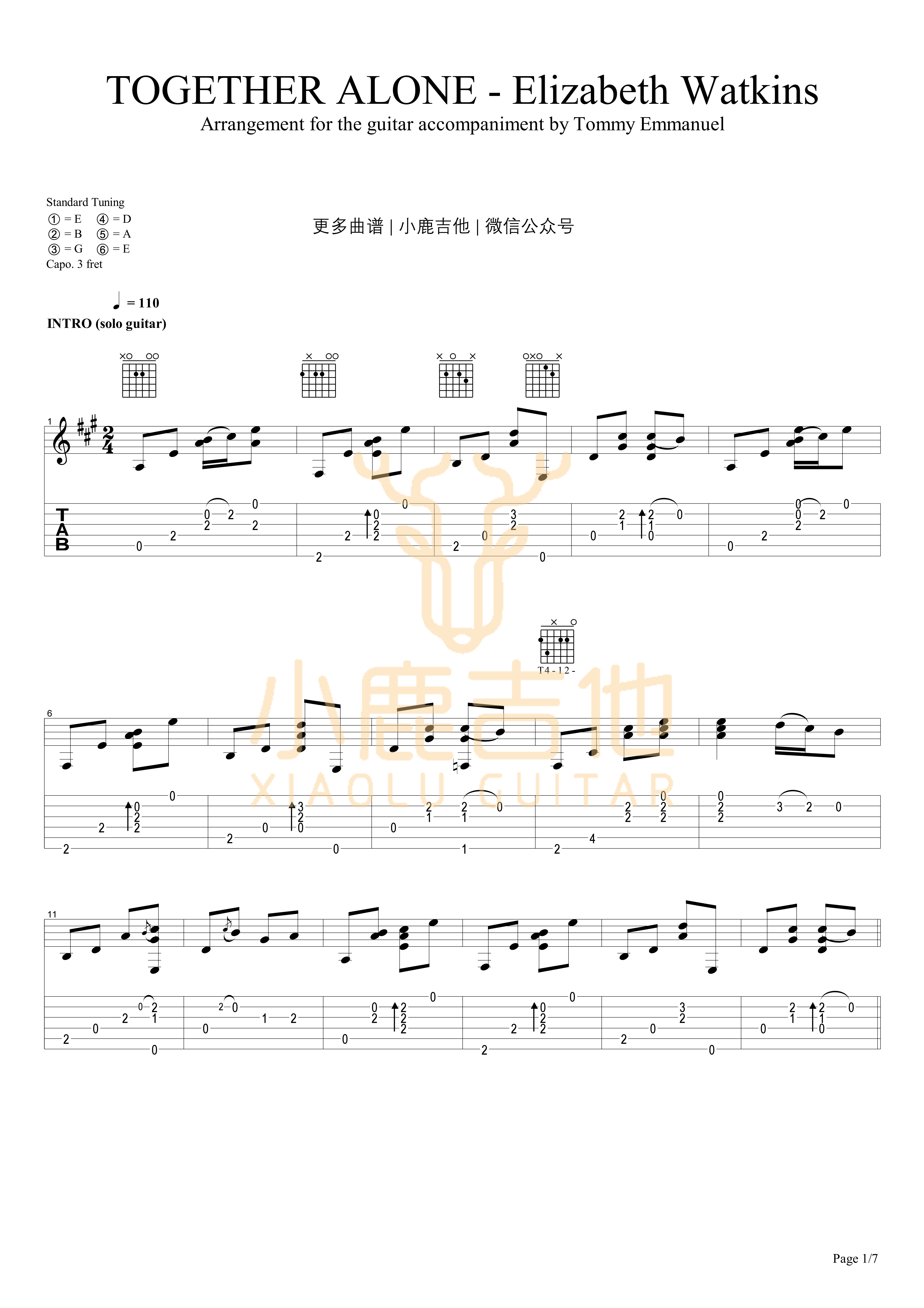 TOGETHER ALONE-Tommy Emmanuel指弹吉他谱（小鹿吉他）