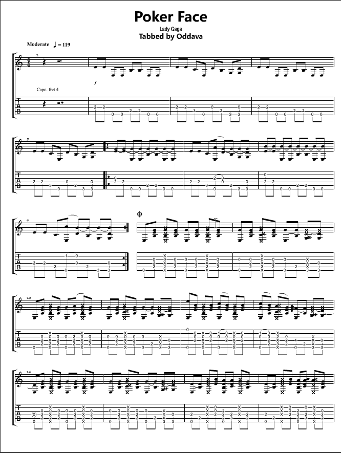 poker face指弹谱 原调六线谱_豆丁网_Lady GaGa