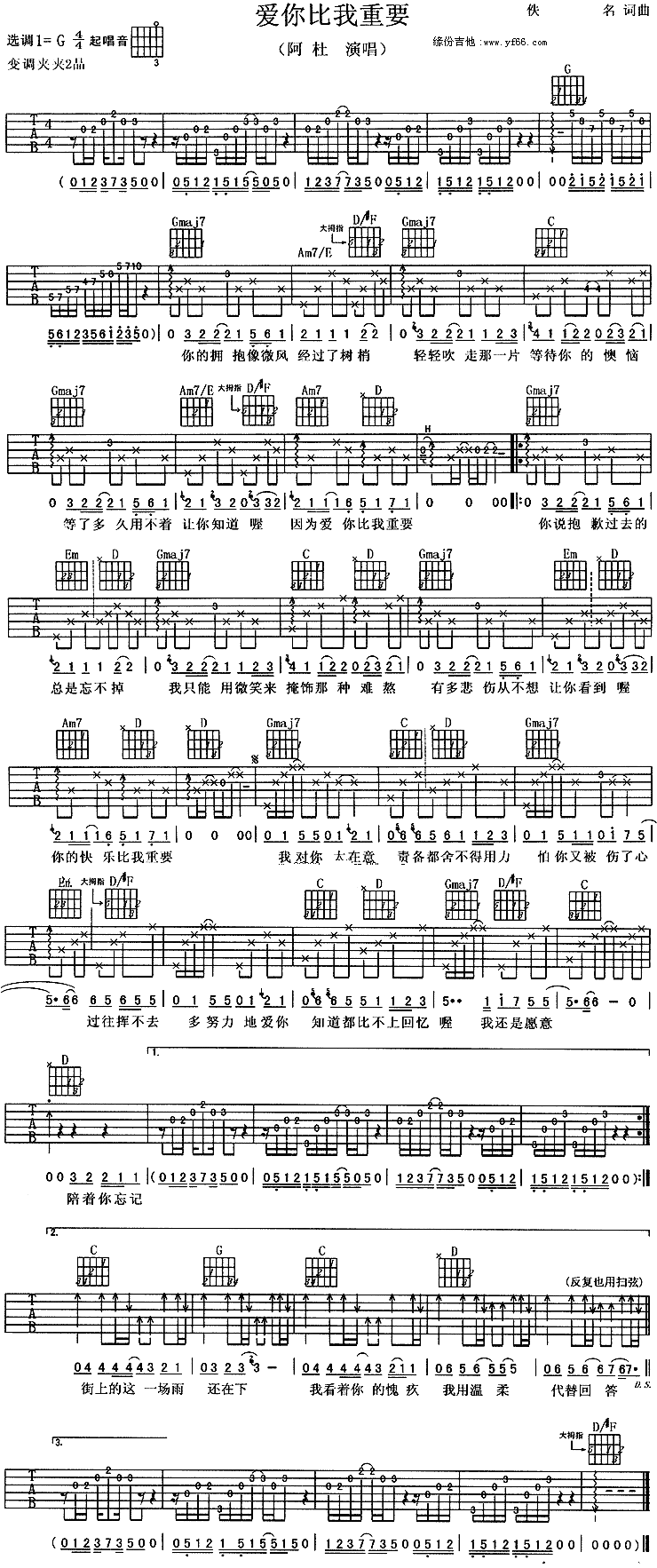 爱你比我重要吉他谱 G调附前奏_缘分吉他编配_阿杜