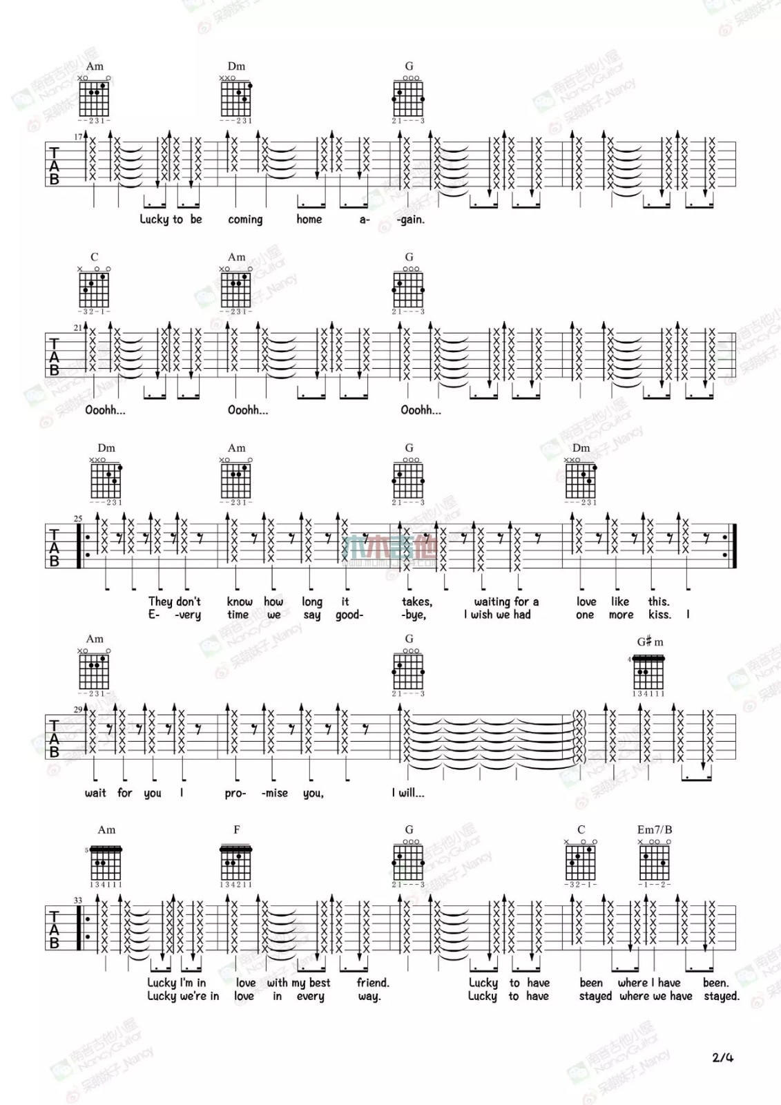 lucky吉他谱 C调六线谱_木木吉他编配_Jason Mraz