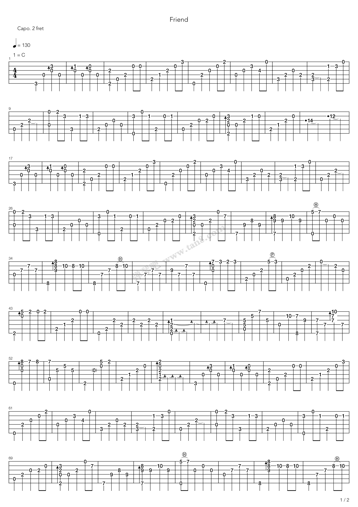 friend吉他指弹谱 C调高清版_弹琴吧编配_玉置浩二