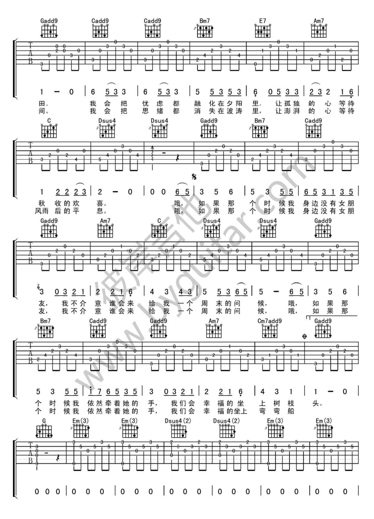 农夫渔夫吉他谱 C调简单版_彼岸吉他编配_大乔小乔