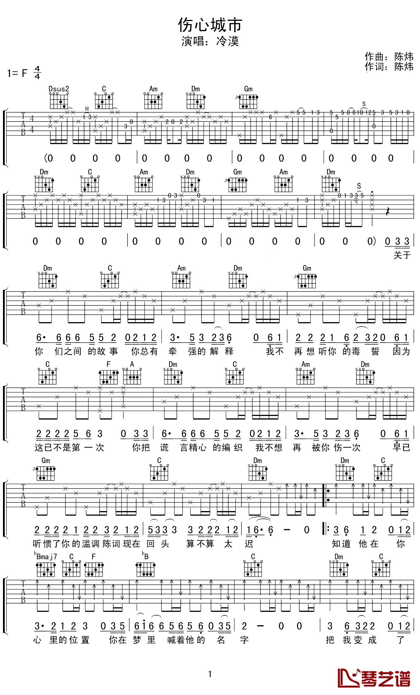 伤心城市吉他谱 F调附前奏_琴艺谱编配_冷漠
