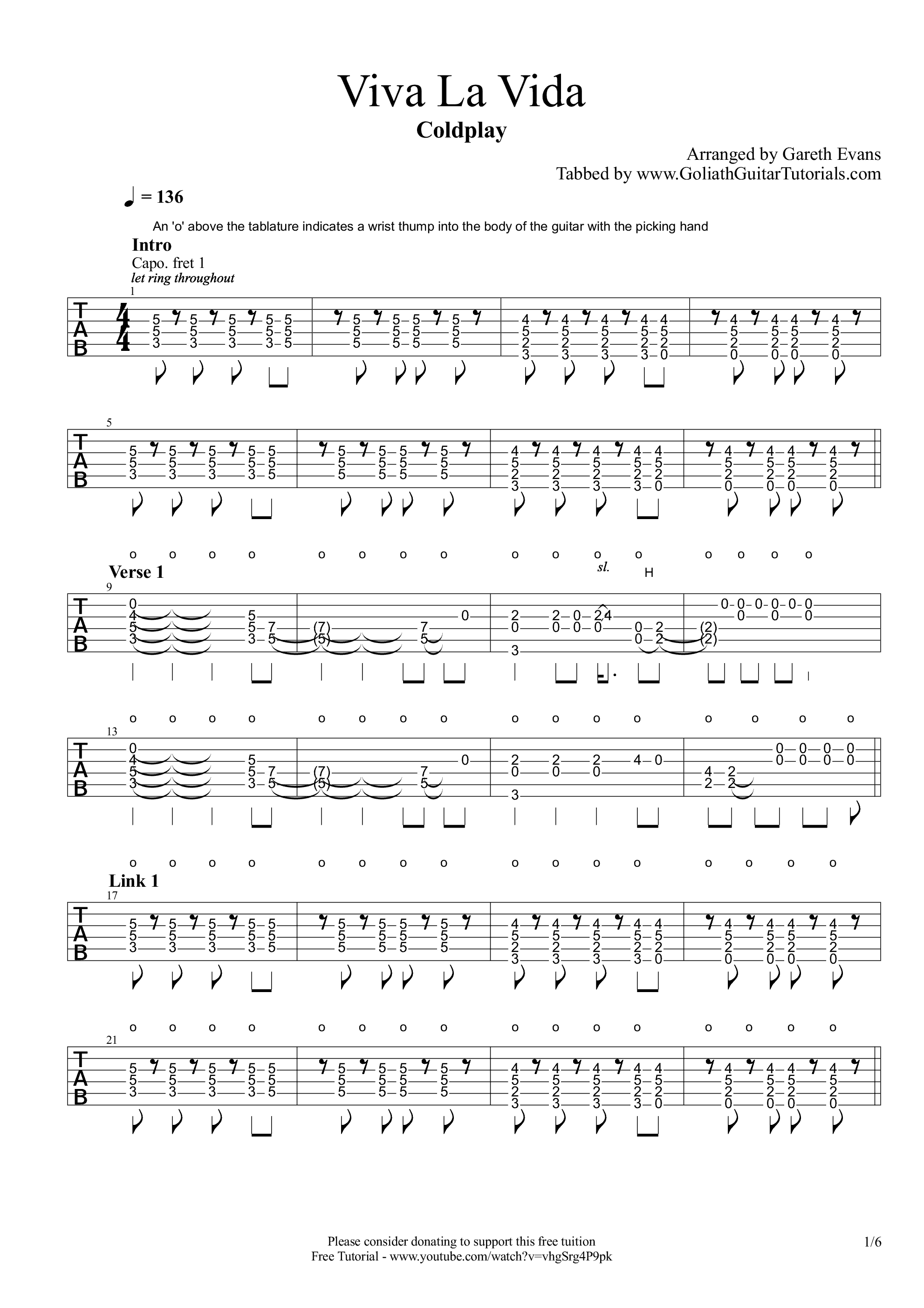 viva la vida指弹谱 原调六线谱_高清版_酷玩乐队