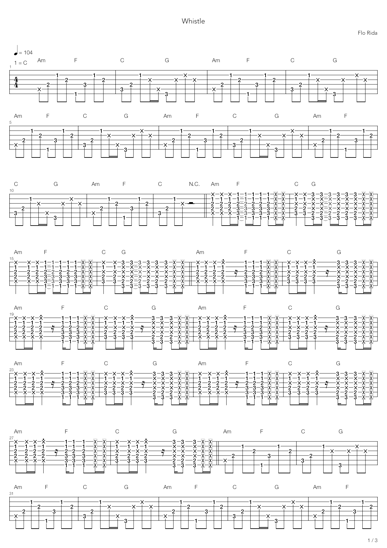 whistle指弹谱 C调六线谱_高清版_Flo Rida