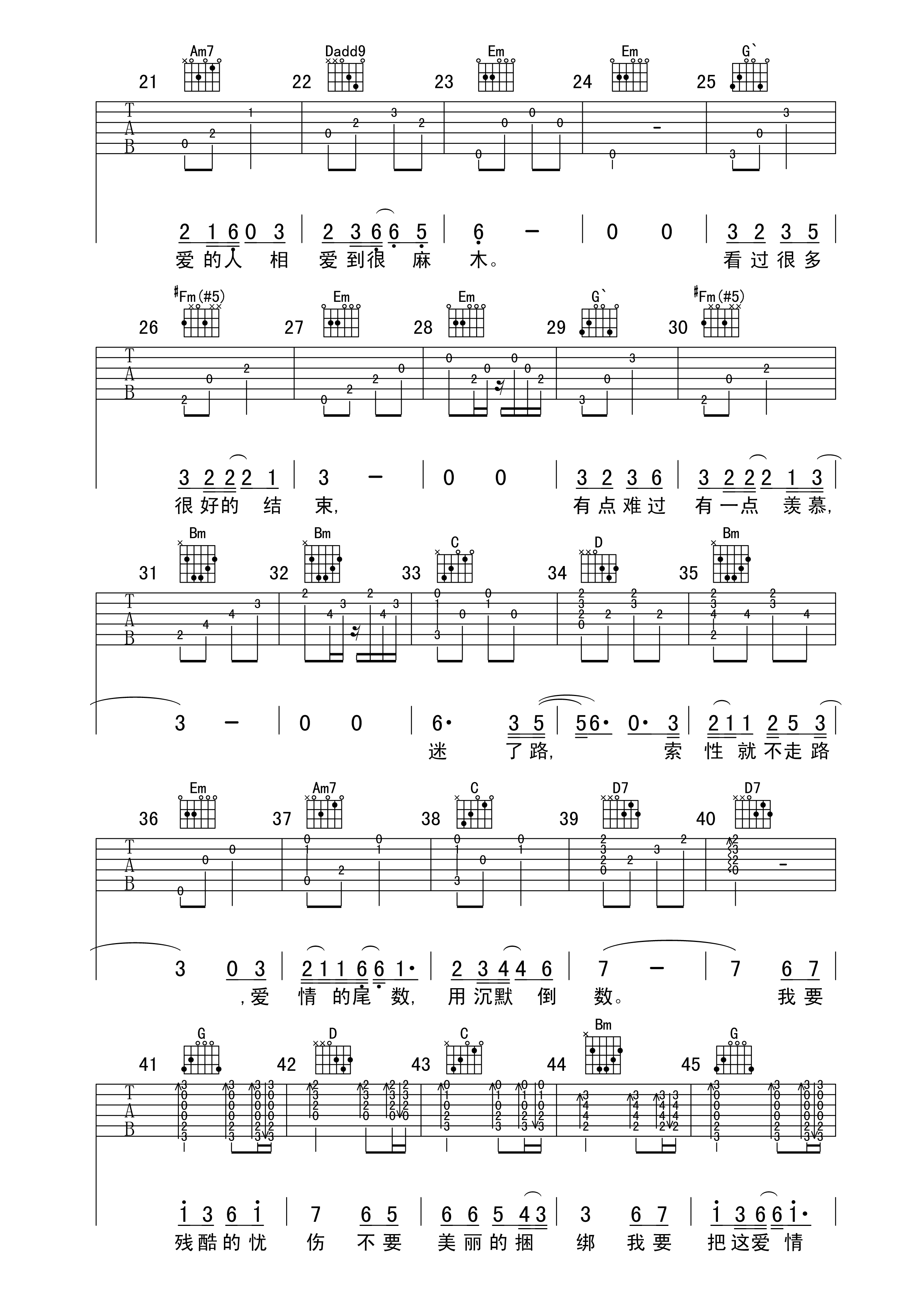 忧伤倒数吉他谱 G调六线谱_小溪河大海编配_小昔米