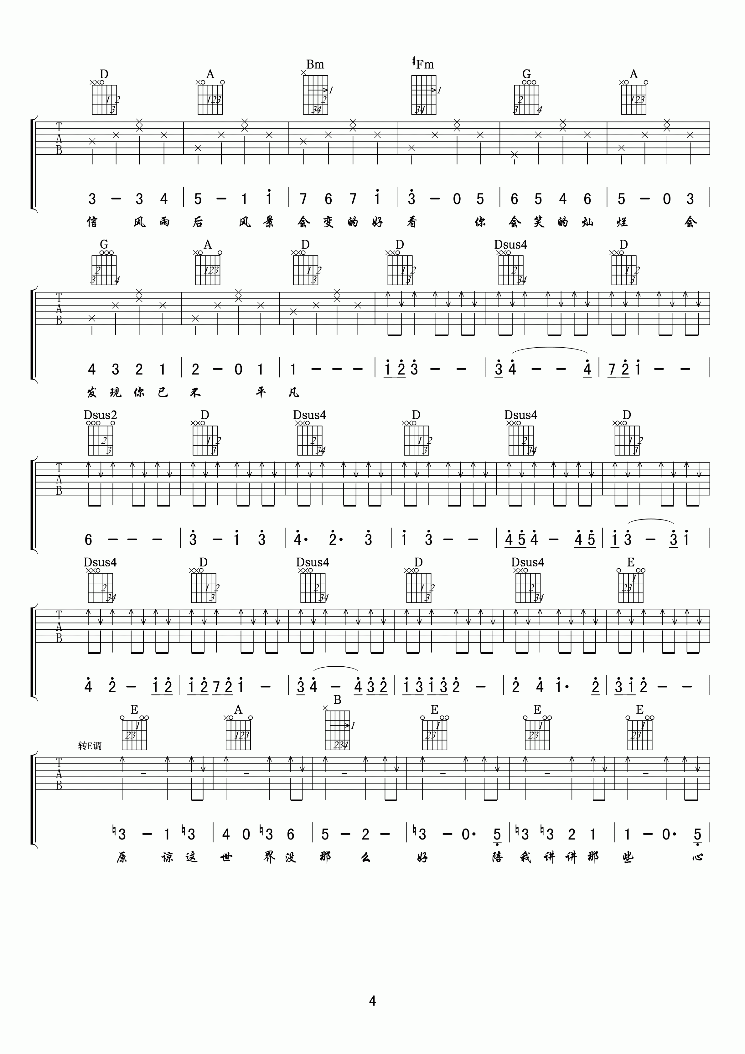 原谅这世界没那么好吉他谱 E调高清版_小叶歌吉他编配_孙子涵