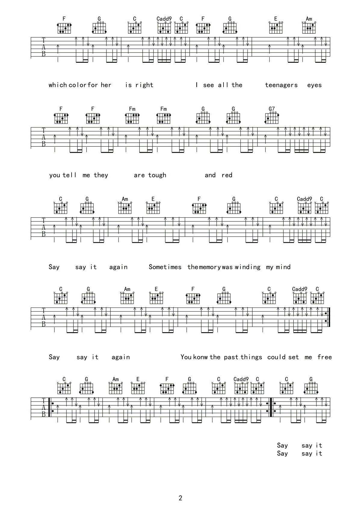 Say it again吉他谱 C调六线谱_扫弦版_盘尼西林乐队