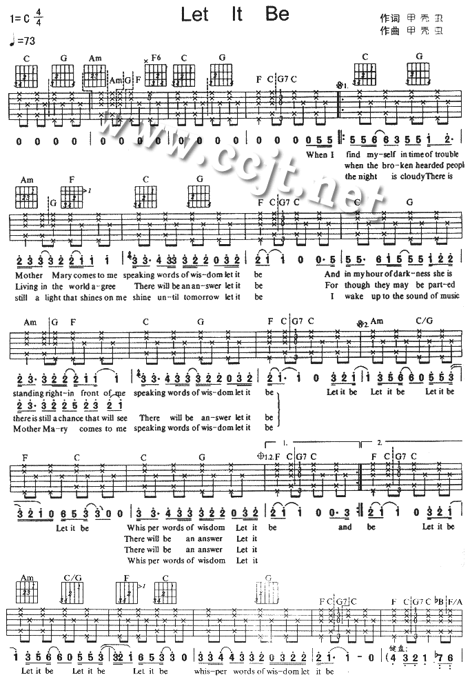 let it be吉他谱 C调六线谱_虫虫吉他编配_The Beatles