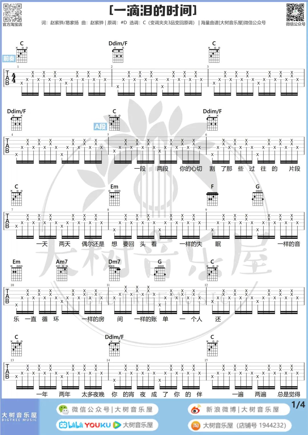 一滴泪的时间吉他谱吉他谱 C调和弦谱_大树音乐屋编配_赵紫骅