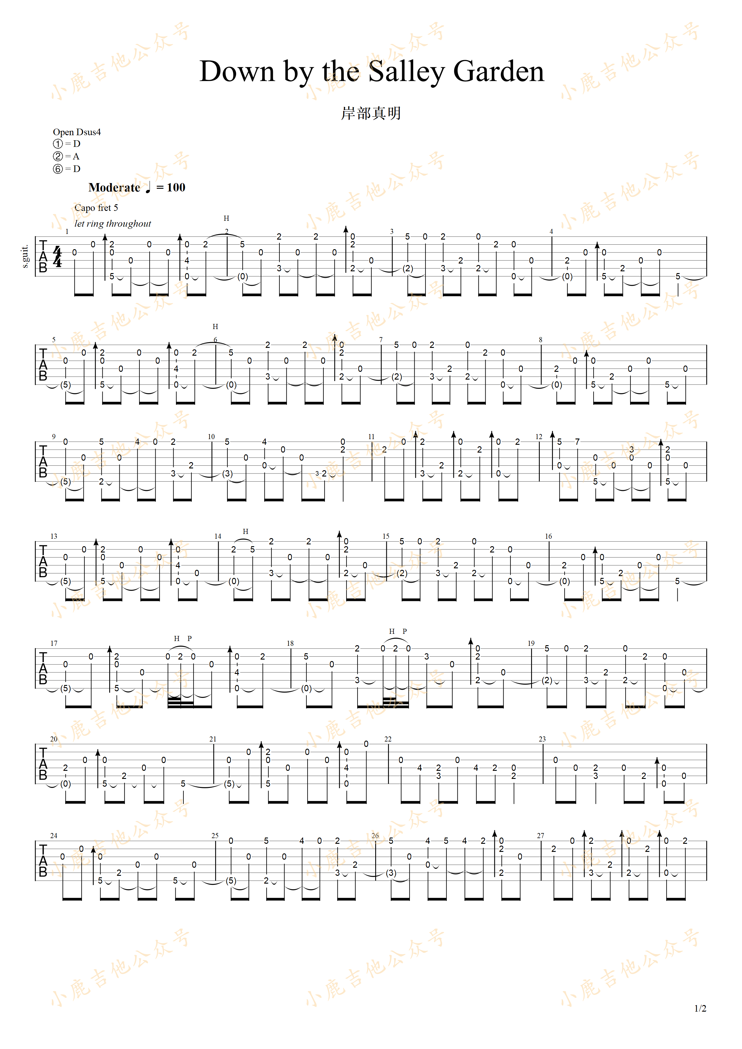 Down by the Salley Garden-岸部真明指弹吉他谱（小鹿吉他）