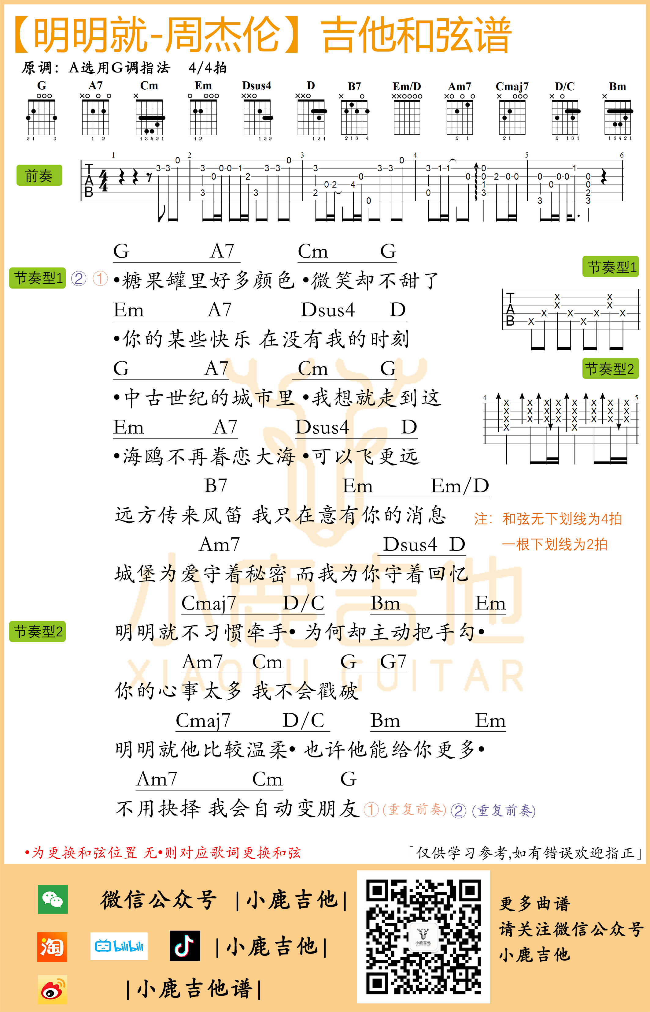 周杰伦明明就吉他谱原版前奏（小鹿吉他）