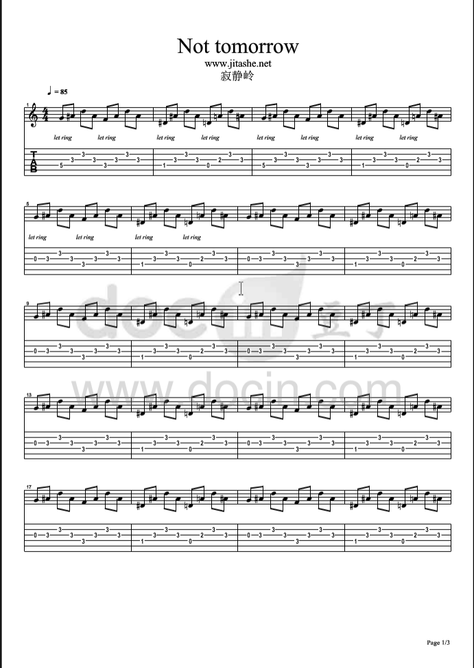 not tomorrow指弹谱 G调六线谱_豆丁网编配_寂静岭