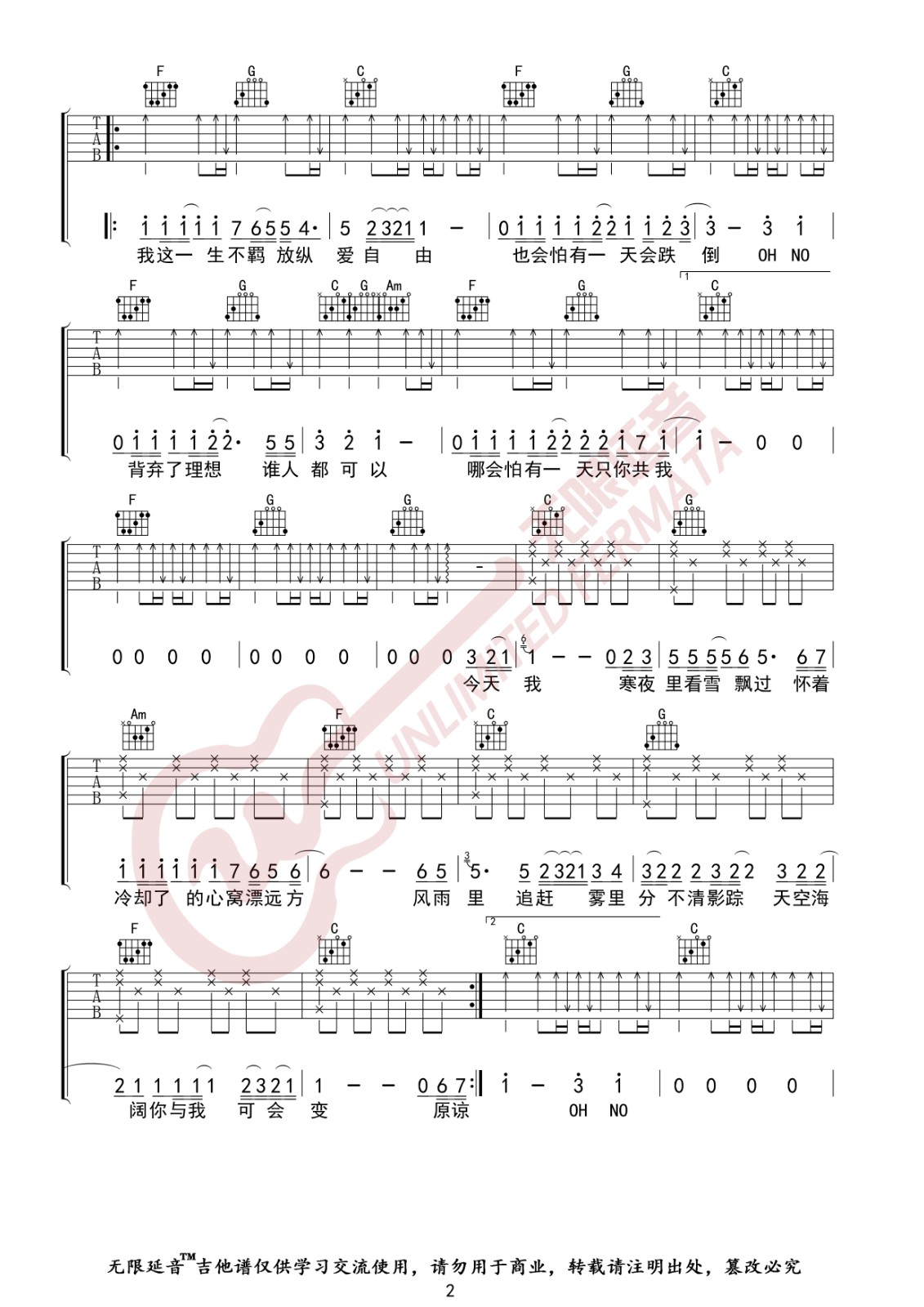 海阔天空吉他谱 C调_无限延音编配_Beyond