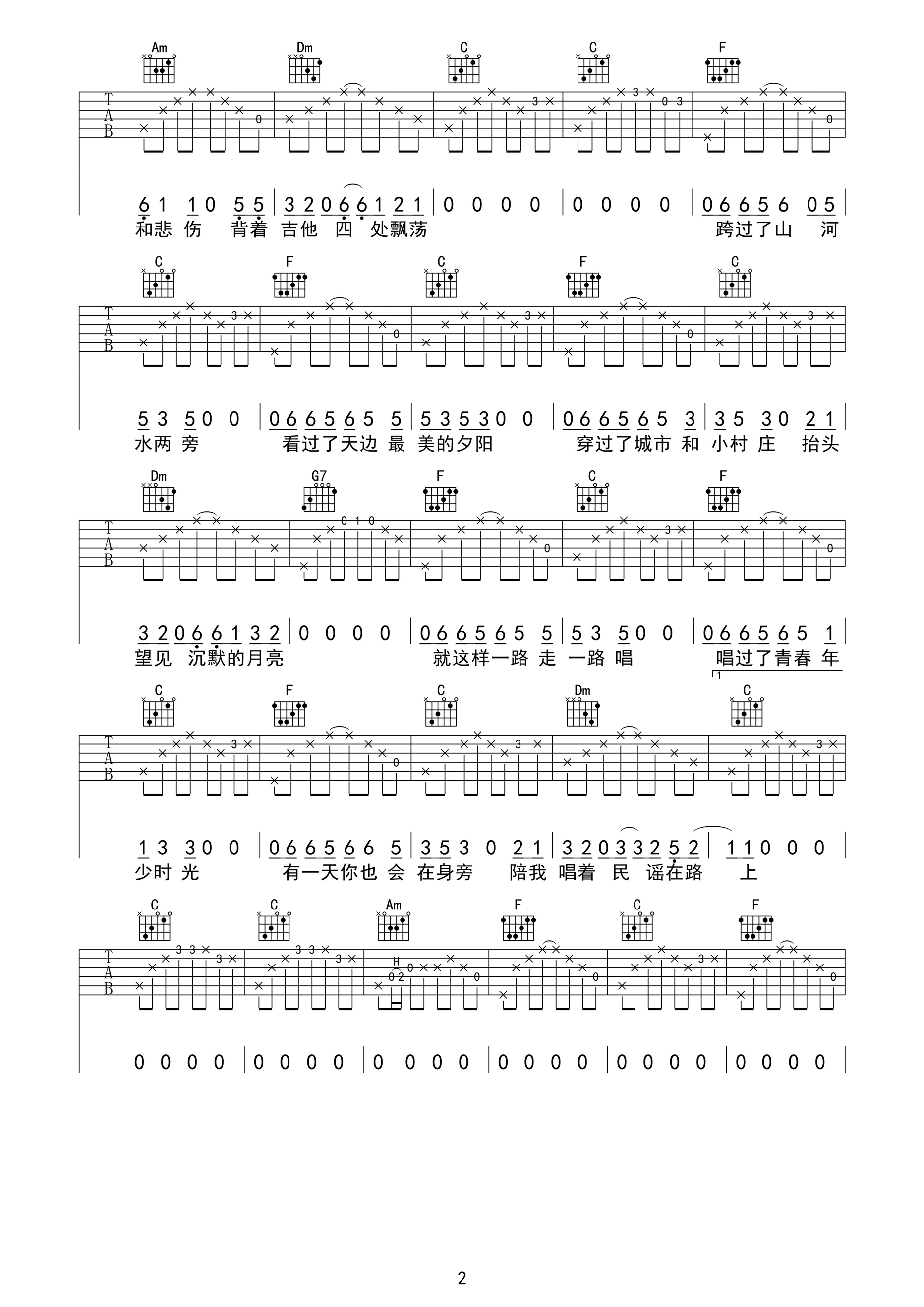 民谣在路上吉他谱 E调高清版_巍小琪编配_前冲