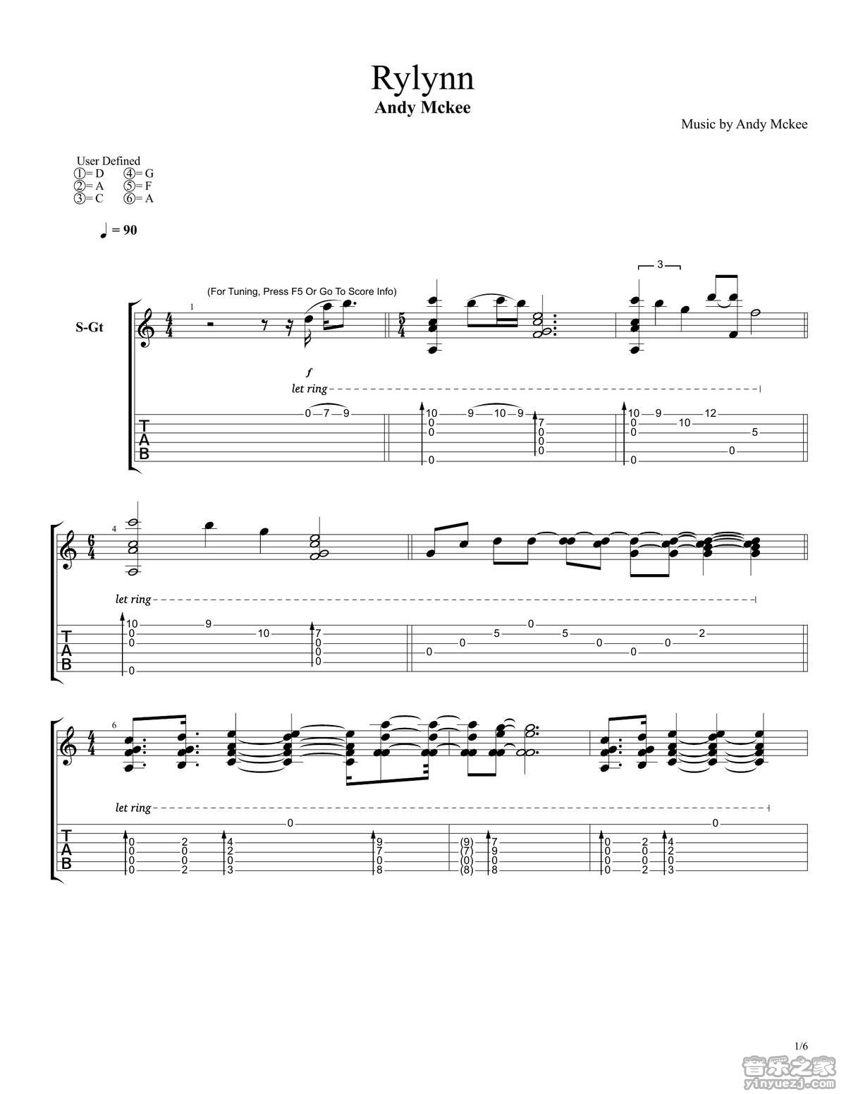 rylynn指弹谱 D调六线谱_音乐之家编配_Andy McKee