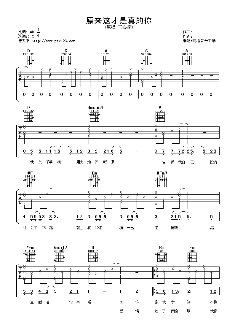 原来这才是真的你吉他谱 C调六线谱_阿潘音乐工厂编配_王心凌