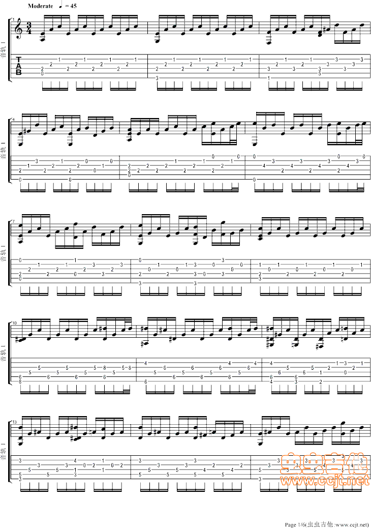月光奏鸣曲指弹谱 原调六线谱_虫虫吉他编配_贝多芬