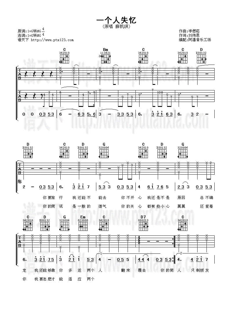 一个人失忆吉他谱 G调简单版_阿潘音乐工场编配_薛凯琪