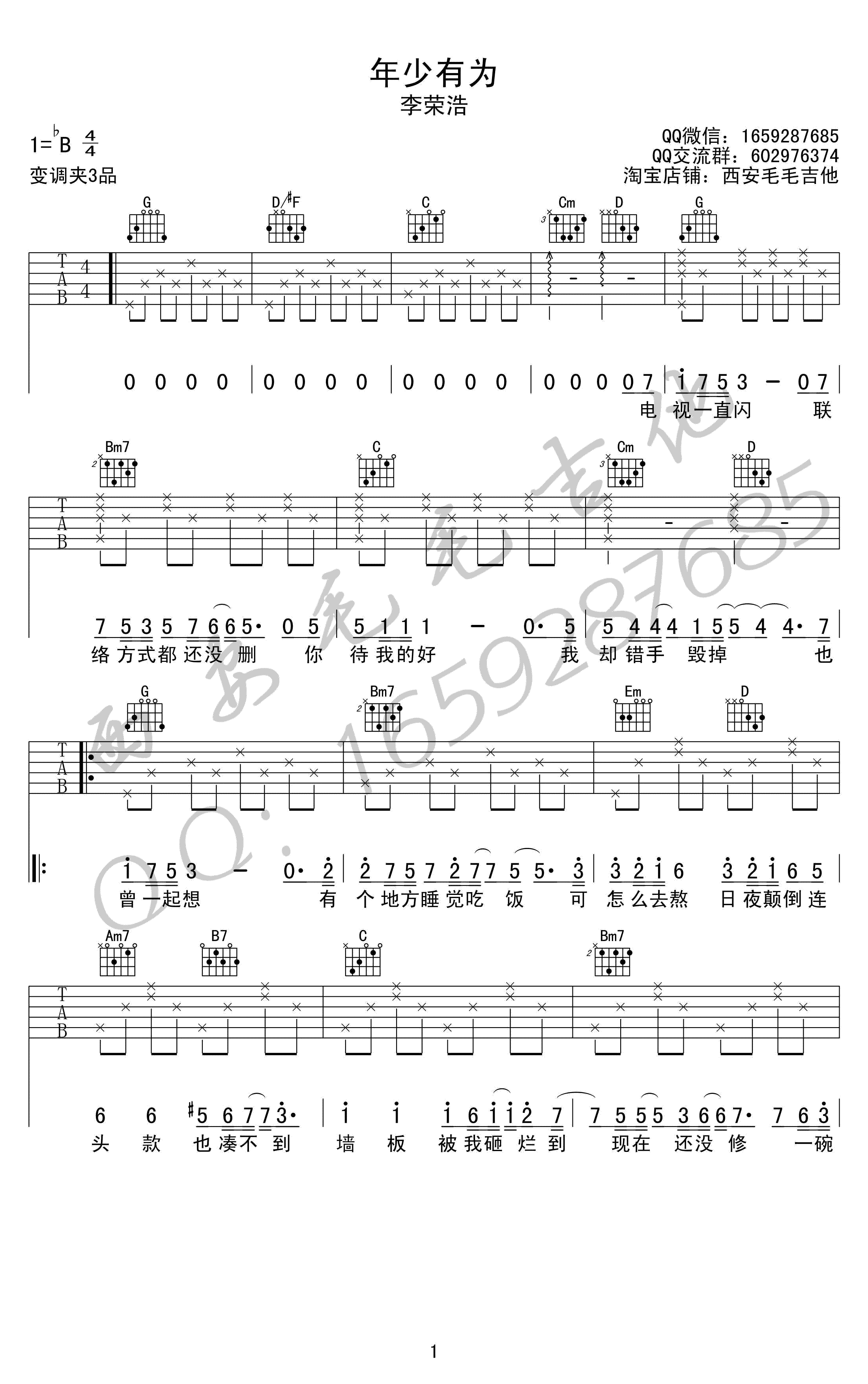 年少有为吉他谱 G调简单版_毛毛吉他编配_李荣浩