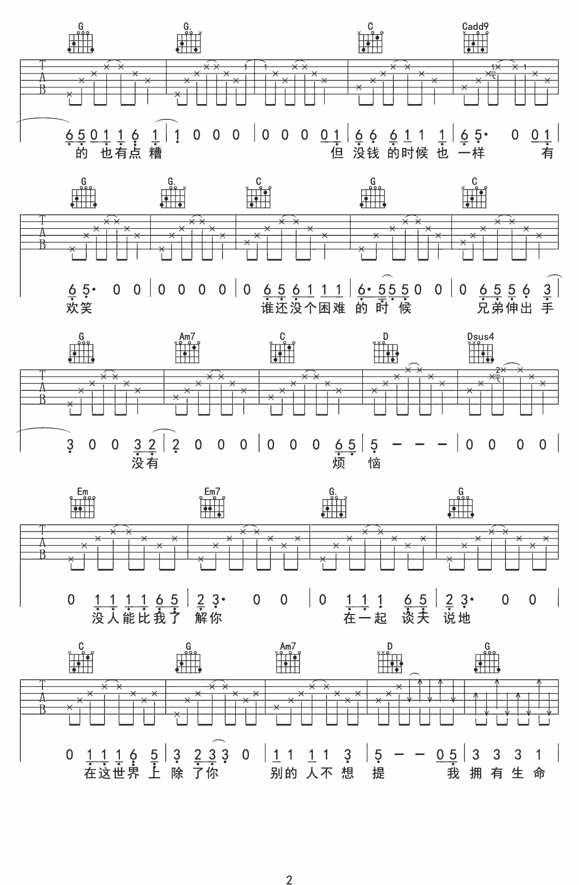 兄弟我和你吉他谱 A调六线谱_简单版_卢焱