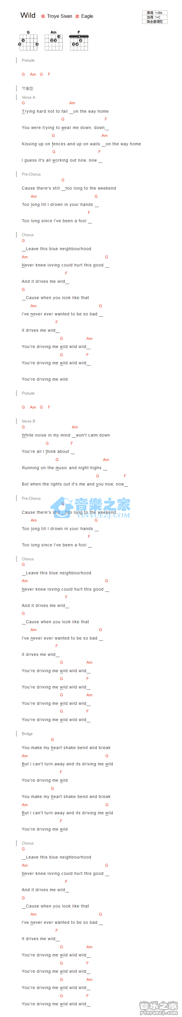 wild吉他谱 C调和弦谱_音乐之家编配_Troye Sivan