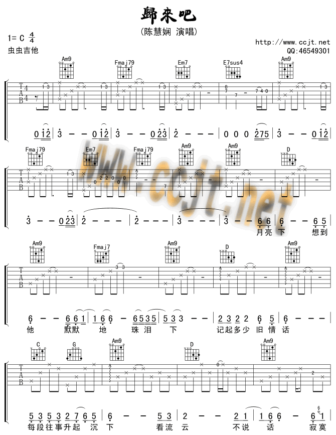 归来吧吉他谱 C调六线谱_虫虫吉他编配_陈慧娴
