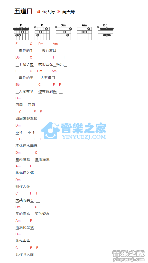 五道口吉他谱 F调和弦谱_简单版_金大涛