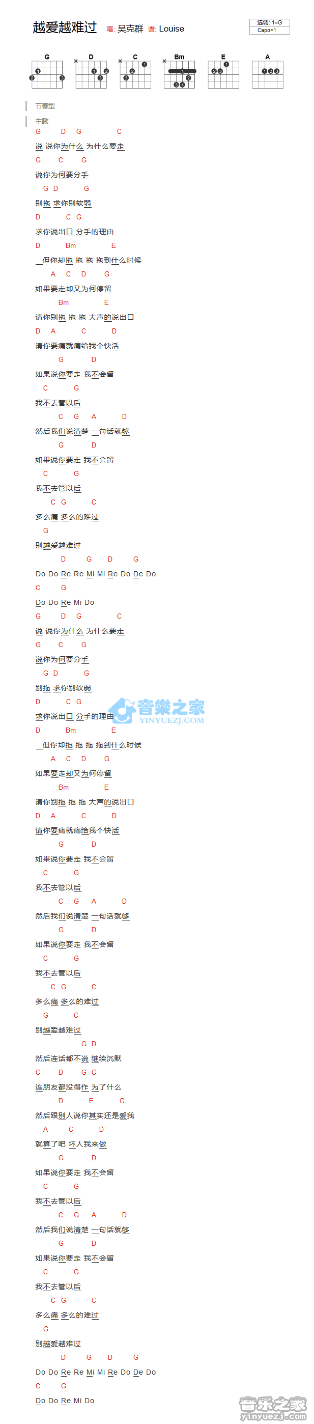 越爱越难过吉他谱 G调和弦谱_音乐之家编配_吴克羣