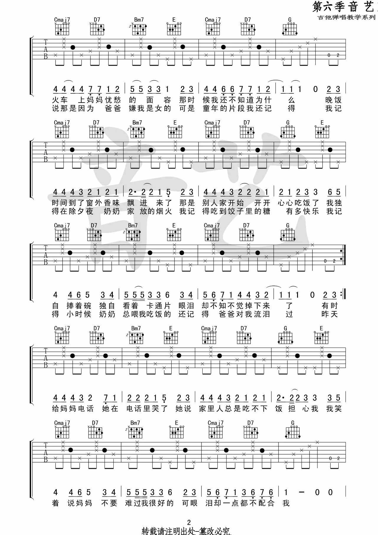 一个人看小丸子吉他谱 C调高清版_音艺吉他编配_王佳妮