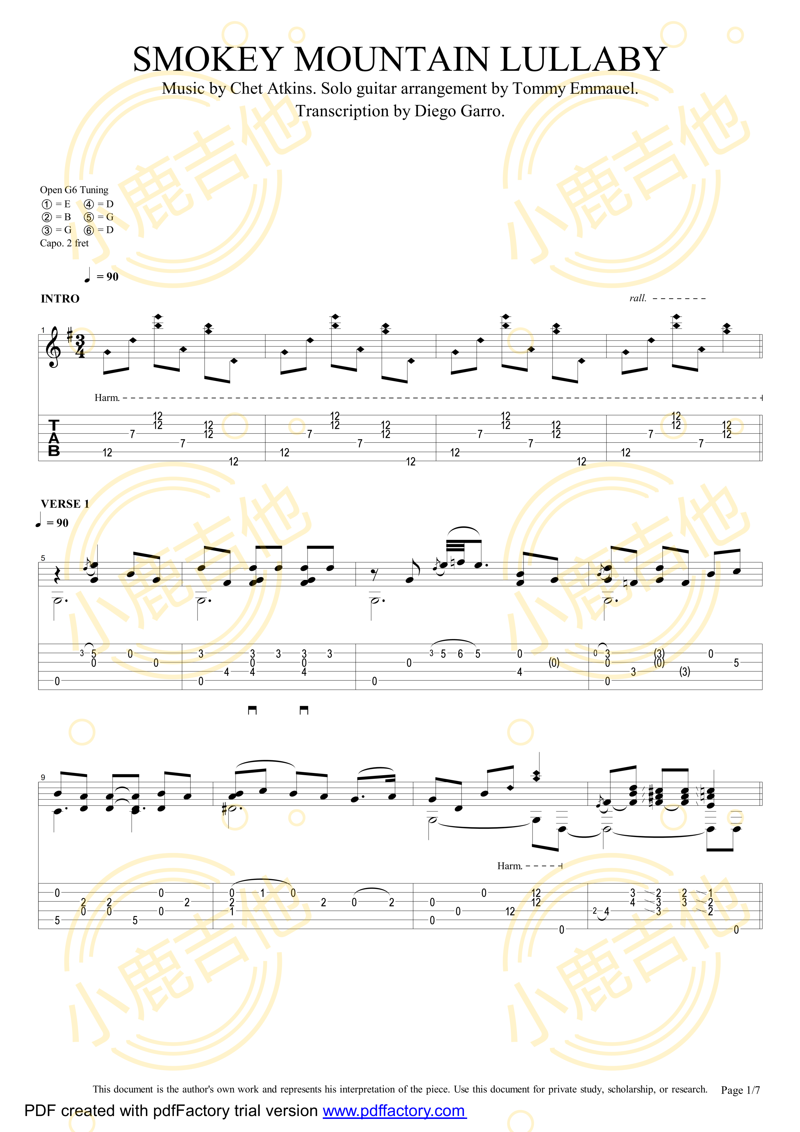 Smokey Mountain Lullaby - Tommy Emmanuel指弹吉他谱（小鹿吉他）