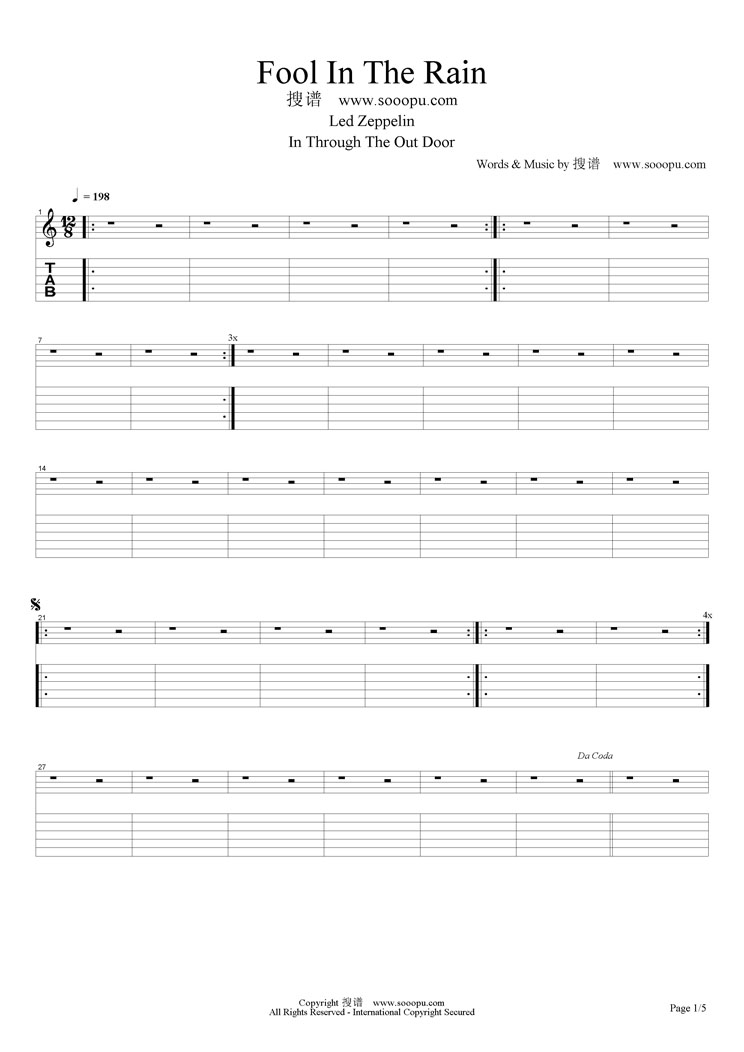 Fool In The Rain指弹谱 原调六线谱_简单版_Led Zeppelin
