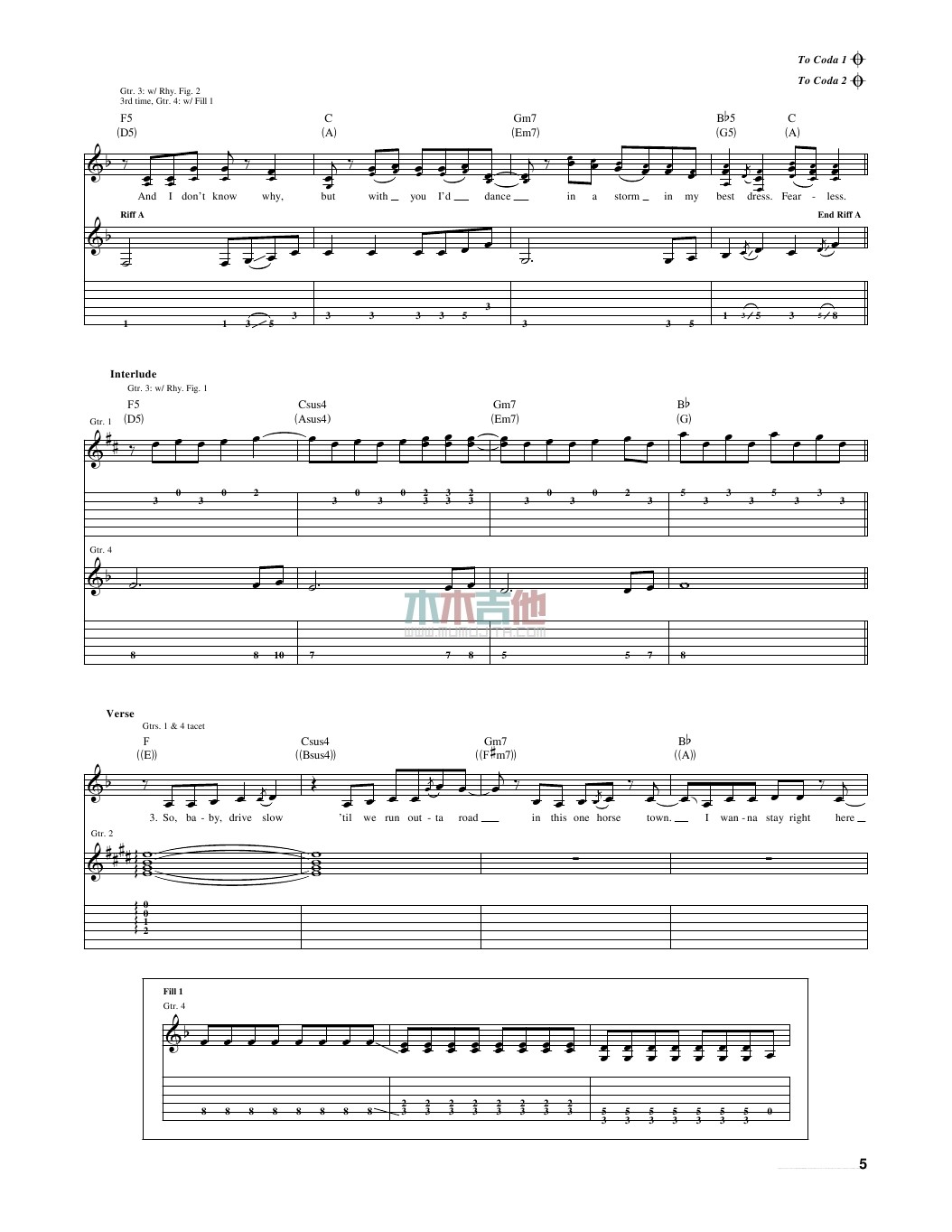 fearless吉他谱 A调女生版_木木吉他编配_Taylor Swift