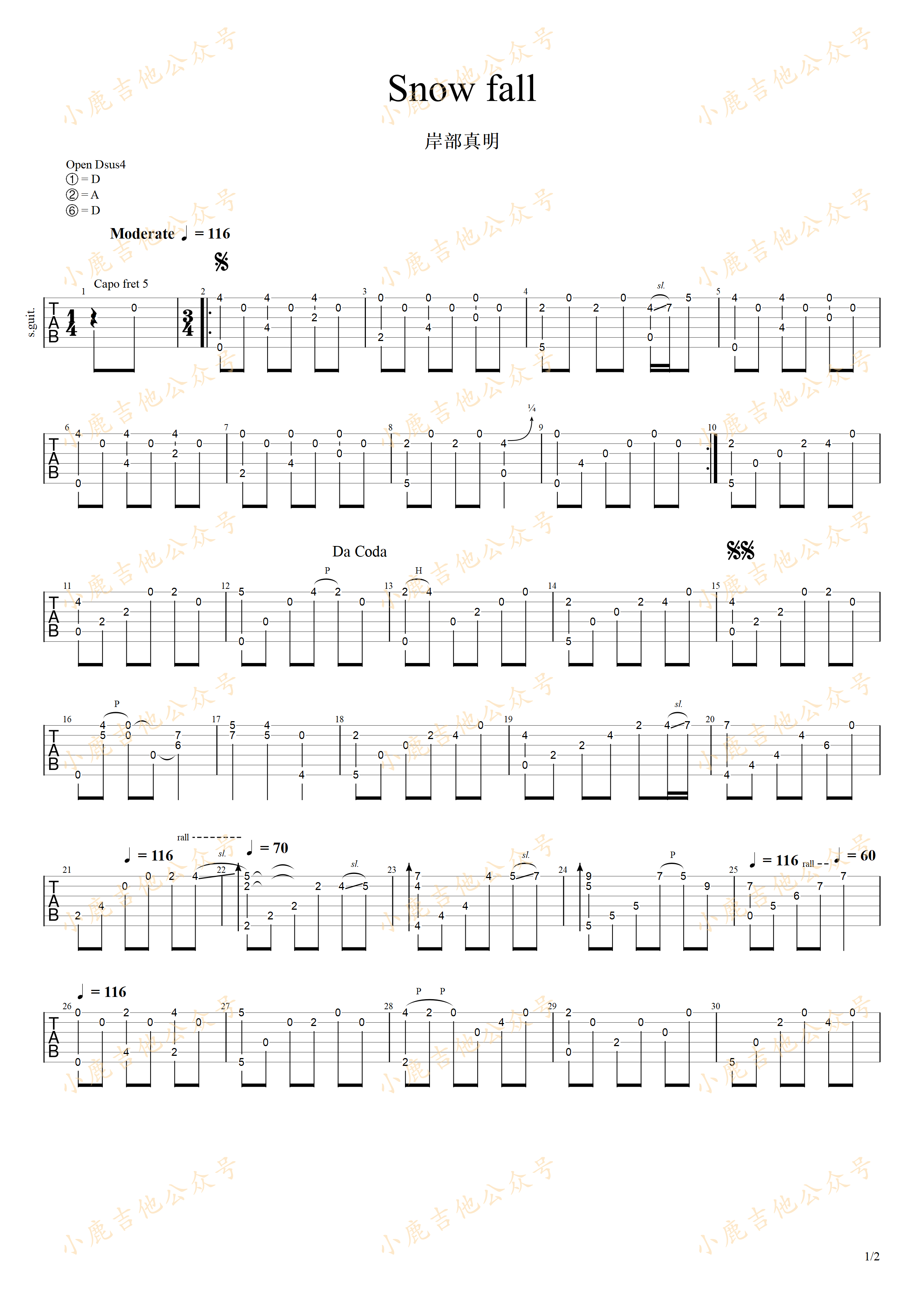 Snow fall-岸部真明 指弹吉他谱（小鹿吉他）