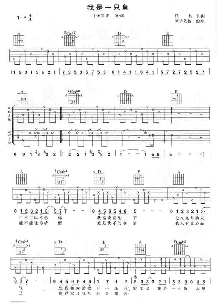 我是一只鱼吉他谱 A调六线谱_风华艺校编配_任贤齐