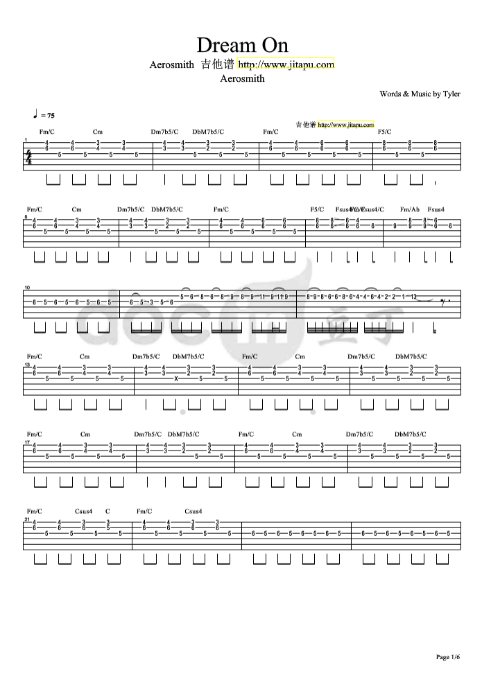 dream on吉他指弹谱 F调_六线谱_Aerosmith乐队