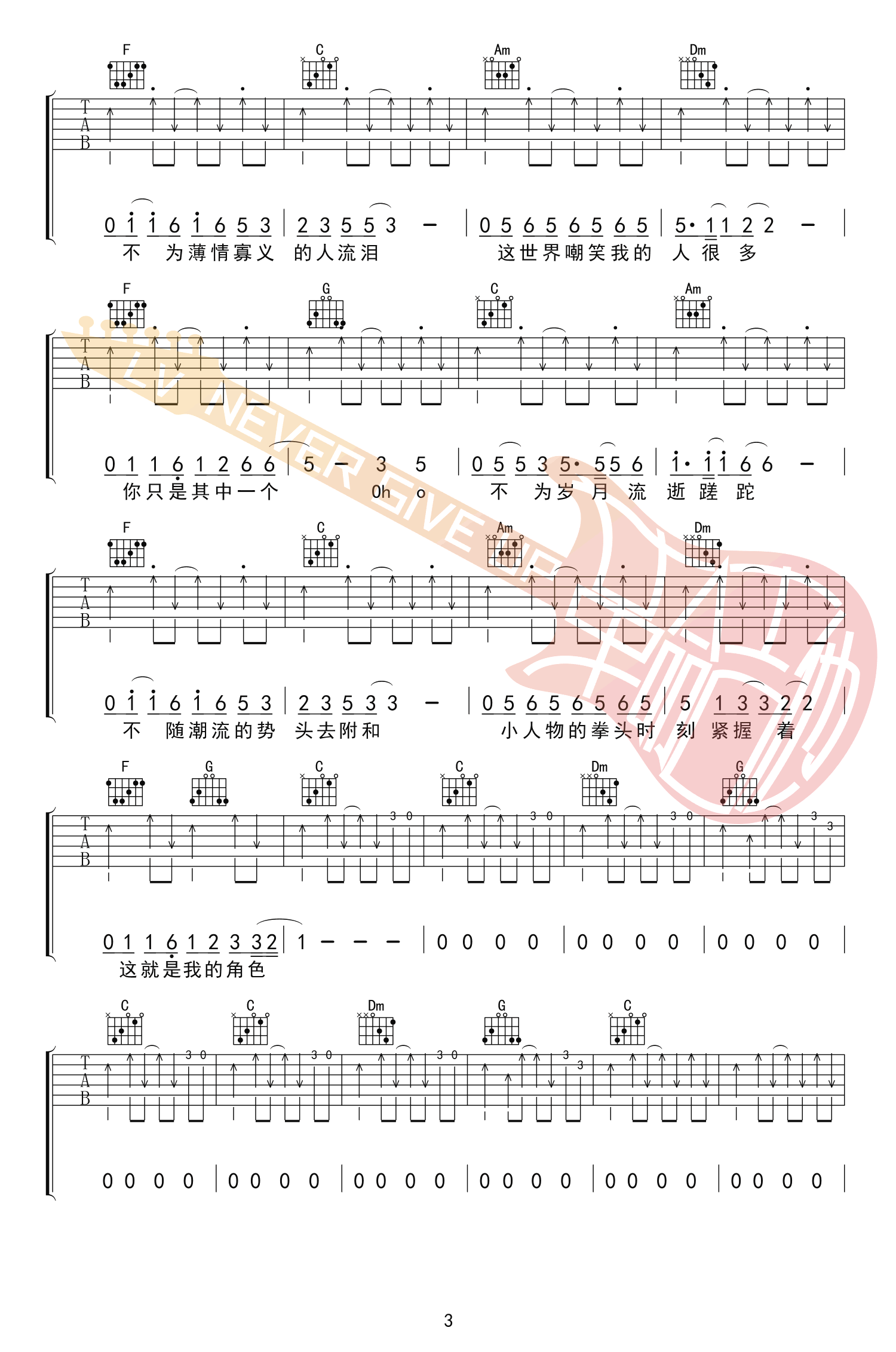 小人物吉他谱 C调_革命吉他编配_指法六线谱高清版_赵雷