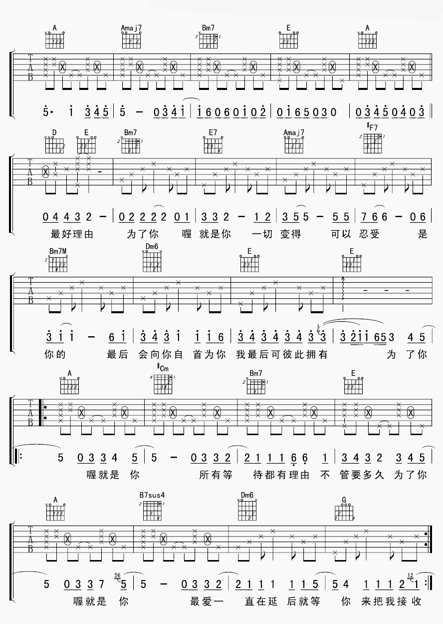 为了认识你吉他谱 B调六线谱_许榕编配_周笔畅