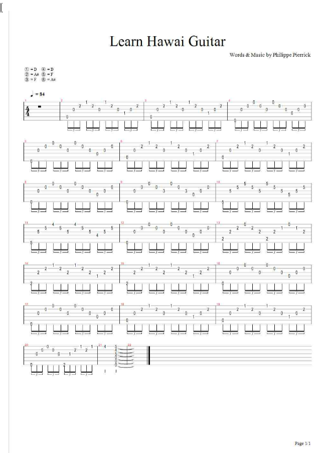 夏威夷吉他指弹谱 D调原版_六线谱_马念先