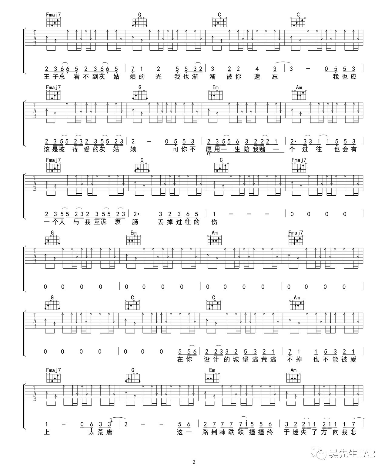 灰姑娘吉他谱 C调六线谱_吴先生编配_陈雪凝