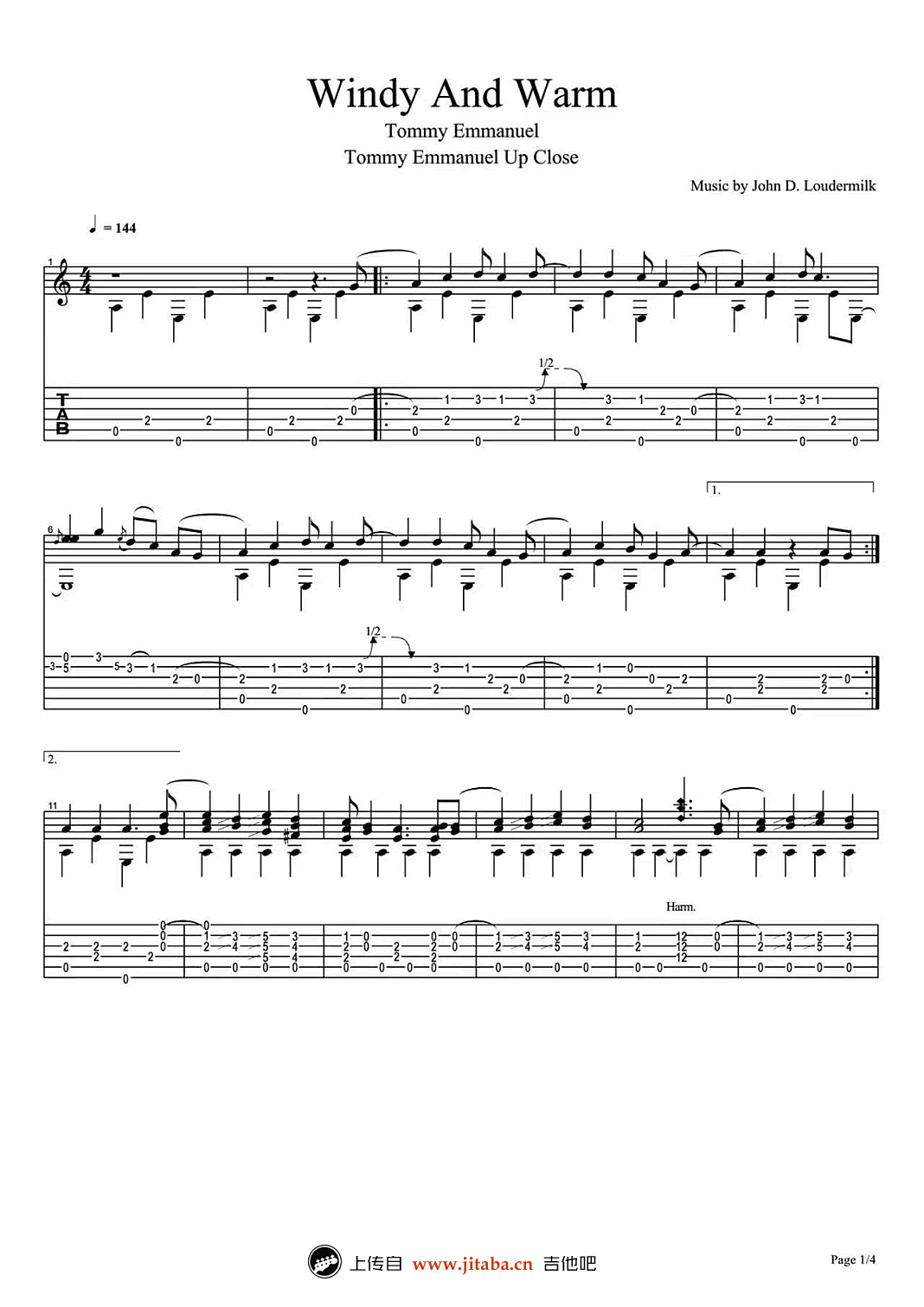 Windy And Warm指弹谱 原版六线谱_吉他吧编配_Tommy Emmanuel