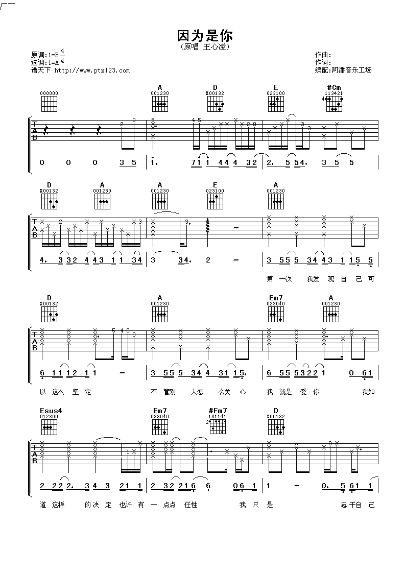 因为是你吉他谱 A调女生版_阿潘音乐工场编配_王心凌