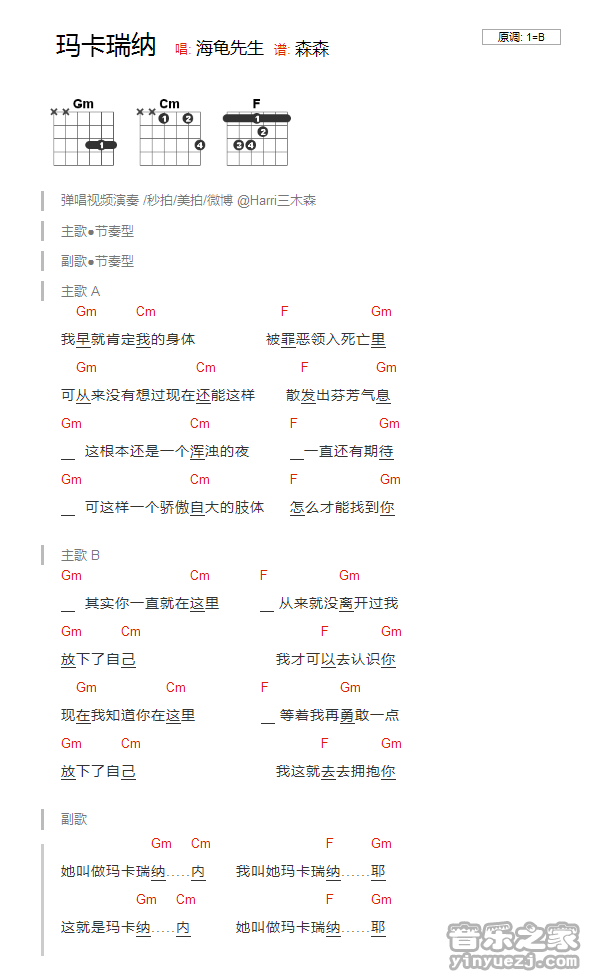 玛卡瑞纳吉他谱 B调_音乐之家编配_海龟先生